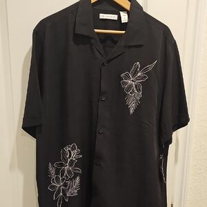 Cubavera Men's Hawaiian Shirt Size L Black With White Embroidered Details